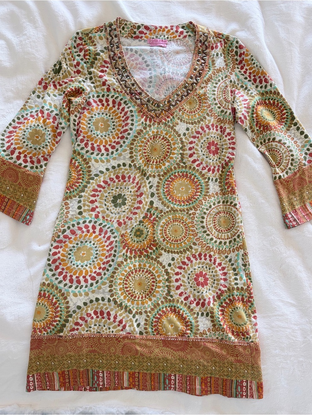 Beaded V-Neck Long Sleeve Dress in Cream Multi-Print